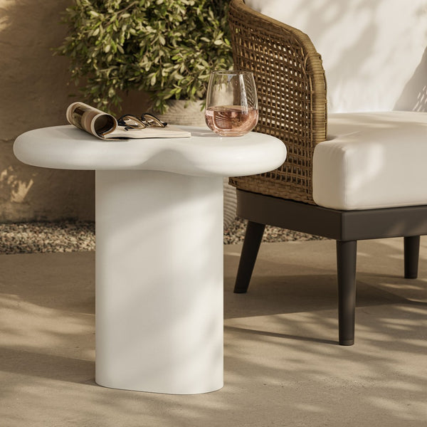 Modway Furniture Elowen Concrete Kidney Shaped Outdoor Side Table with Sculptural Pedestal Base EEI-7535-WHI