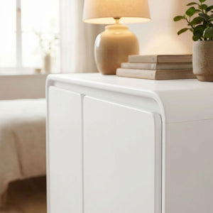 Modway Furniture Lumo Oak Veneer Curved Cabinet with Push Open Doors and Sculptural Pedestal Base EEI-7539-WHI