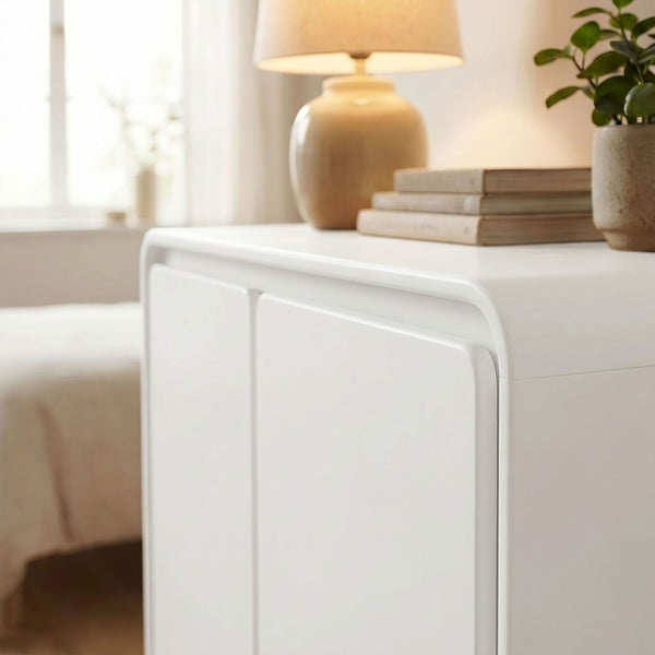 Modway Furniture Lumo Oak Veneer Curved Cabinet with Push Open Doors and Sculptural Pedestal Base EEI-7539-WHI