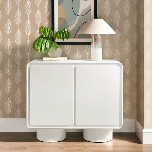 Modway Furniture Lumo Oak Veneer Curved Cabinet with Push Open Doors and Sculptural Pedestal Base EEI-7539-WHI