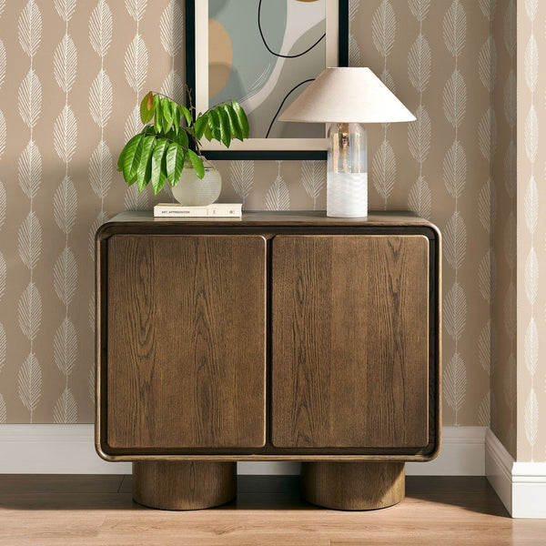 Modway Furniture Lumo Sculptural Oak Veneer Accent Cabinet with Pedestal Legs and Push Open Doors EEI-7540-WAL