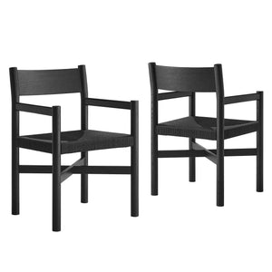 Modway Furniture Alvia Solid Oak Armchairs with Woven Rope Seats Mid-Century Dining Set of 2 Black EEI-7542-BLK