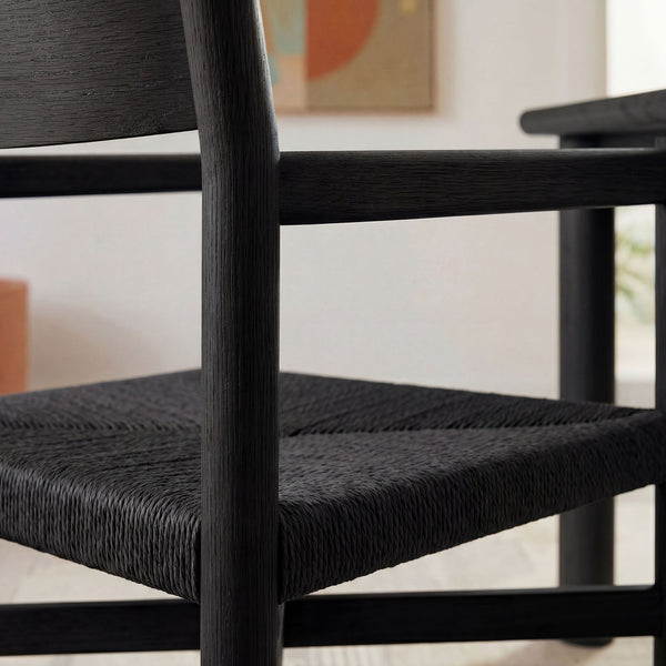 Modway Furniture Alvia Solid Oak Armchairs with Woven Rope Seats Mid-Century Dining Set of 2 Black EEI-7542-BLK