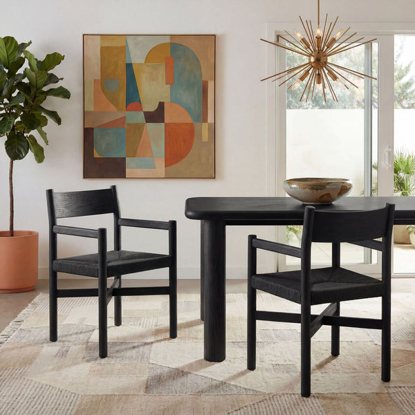 Modway Furniture Alvia Solid Oak Armchairs with Woven Rope Seats Mid-Century Dining Set of 2 Black EEI-7542-BLK