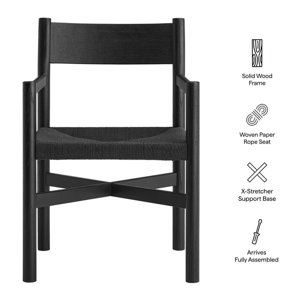 Modway Furniture Alvia Solid Oak Armchairs with Woven Rope Seats Mid-Century Dining Set of 2 Black EEI-7542-BLK