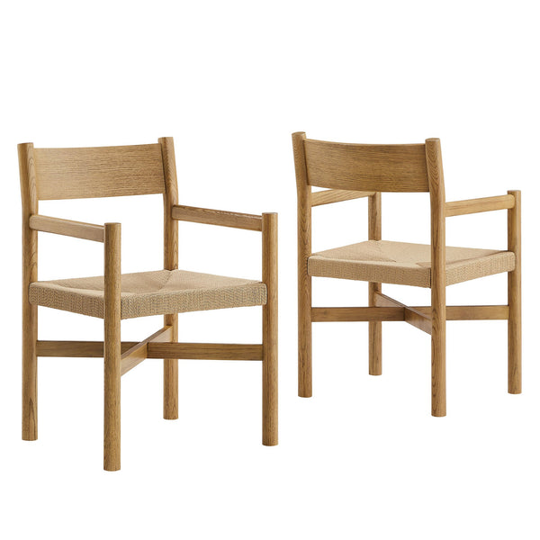 Modway Furniture Alvia Solid Oak Armchairs with Woven Rope Seats Mid-Century Dining Set of 2 Brown EEI-7542-WOA