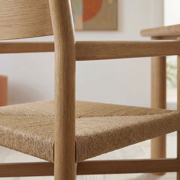 Modway Furniture Alvia Solid Oak Armchairs with Woven Rope Seats Mid-Century Dining Set of 2 Brown EEI-7542-WOA