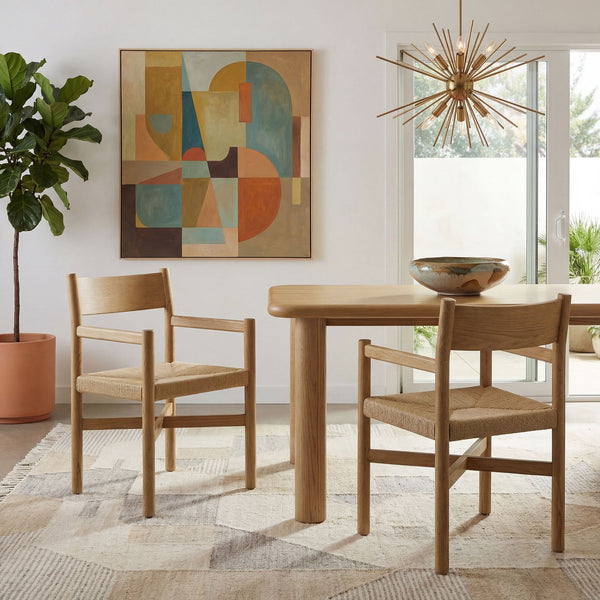Modway Furniture Alvia Solid Oak Armchairs with Woven Rope Seats Mid-Century Dining Set of 2 Brown EEI-7542-WOA