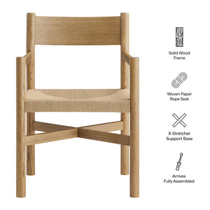 Modway Furniture Alvia Solid Oak Armchairs with Woven Rope Seats Mid-Century Dining Set of 2 Brown EEI-7542-WOA
