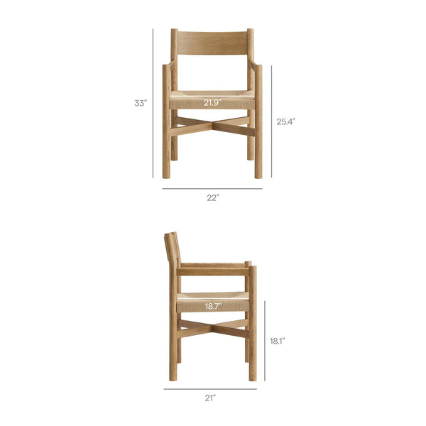 Modway Furniture Alvia Solid Oak Armchairs with Woven Rope Seats Mid-Century Dining Set of 2 Brown EEI-7542-WOA