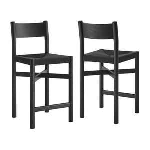 Modway Furniture Alvia Solid Oak Counter Stools with Handwoven Paper Rope Seats Scandinavian Set Black EEI-7543-BLK