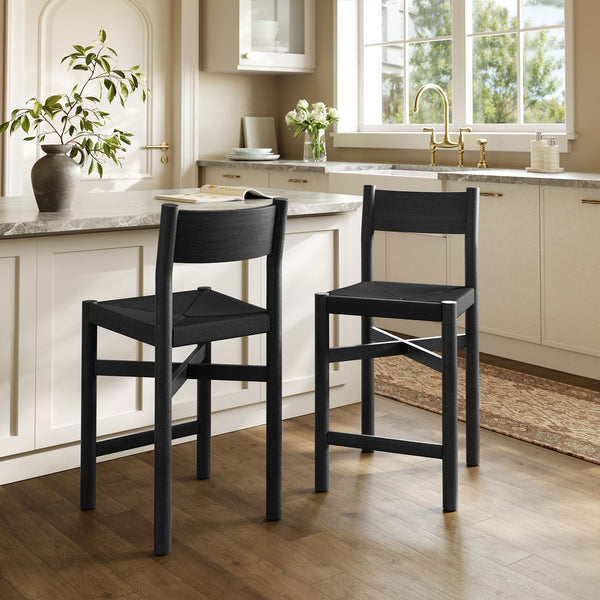 Modway Furniture Alvia Solid Oak Counter Stools with Handwoven Paper Rope Seats Scandinavian Set Black EEI-7543-BLK