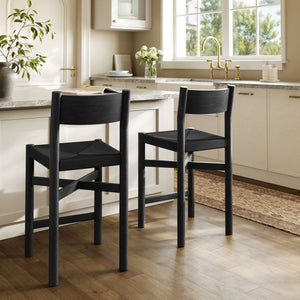 Modway Furniture Alvia Solid Oak Counter Stools with Handwoven Paper Rope Seats Scandinavian Set Black EEI-7543-BLK