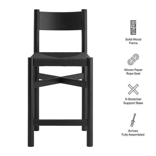 Modway Furniture Alvia Solid Oak Counter Stools with Handwoven Paper Rope Seats Scandinavian Set Black EEI-7543-BLK
