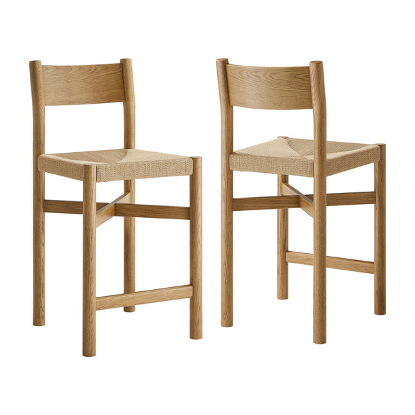 Modway Furniture Alvia Solid Oak Counter Stools with Handwoven Paper Rope Seats Scandinavian Set Brown EEI-7543-WOA