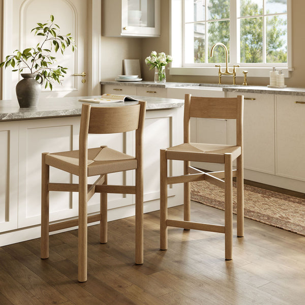 Modway Furniture Alvia Solid Oak Counter Stools with Handwoven Paper Rope Seats Scandinavian Set Brown EEI-7543-WOA