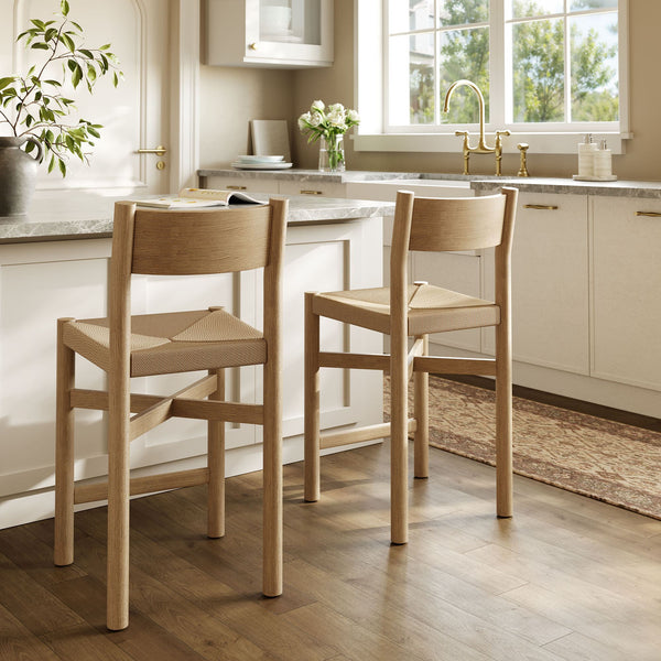 Modway Furniture Alvia Solid Oak Counter Stools with Handwoven Paper Rope Seats Scandinavian Set Brown EEI-7543-WOA