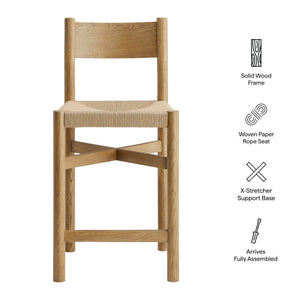 Modway Furniture Alvia Solid Oak Counter Stools with Handwoven Paper Rope Seats Scandinavian Set Brown EEI-7543-WOA