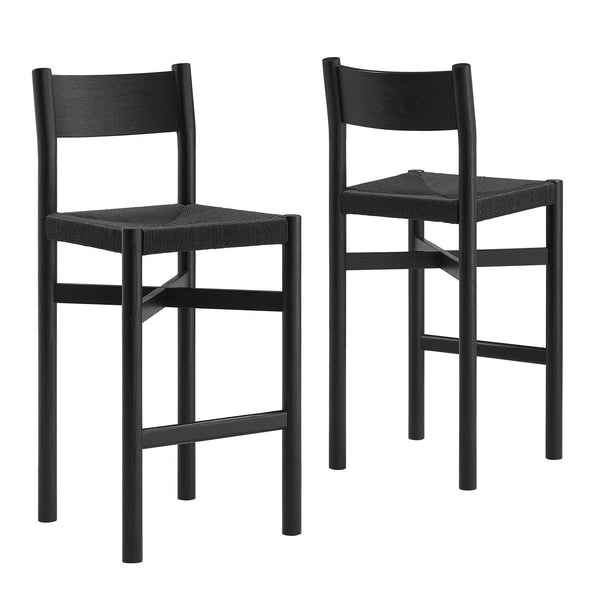 Modway Furniture Alvia Solid Oak Barstools with Woven Paper Rope Seats Mid-Century Kitchen Set Black EEI-7544-BLK