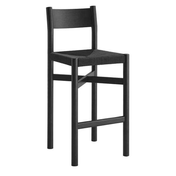 Modway Furniture Alvia Solid Oak Barstools with Woven Paper Rope Seats Mid-Century Kitchen Set Black EEI-7544-BLK