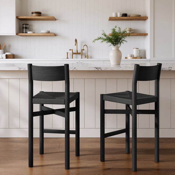 Modway Furniture Alvia Solid Oak Barstools with Woven Paper Rope Seats Mid-Century Kitchen Set Black EEI-7544-BLK