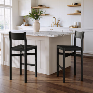 Modway Furniture Alvia Solid Oak Barstools with Woven Paper Rope Seats Mid-Century Kitchen Set Black EEI-7544-BLK