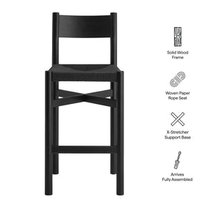 Modway Furniture Alvia Solid Oak Barstools with Woven Paper Rope Seats Mid-Century Kitchen Set Black EEI-7544-BLK