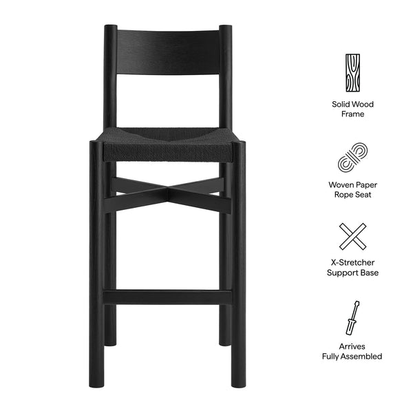 Modway Furniture Alvia Solid Oak Barstools with Woven Paper Rope Seats Mid-Century Kitchen Set Black EEI-7544-BLK