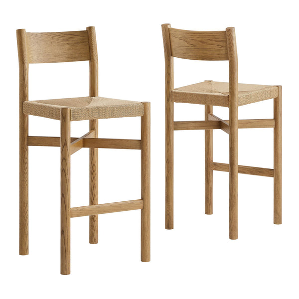Modway Furniture Alvia Solid Oak Barstools with Woven Paper Rope Seats Mid-Century Kitchen Set Brown EEI-7544-WOA