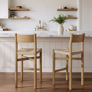 Modway Furniture Alvia Solid Oak Barstools with Woven Paper Rope Seats Mid-Century Kitchen Set Brown EEI-7544-WOA