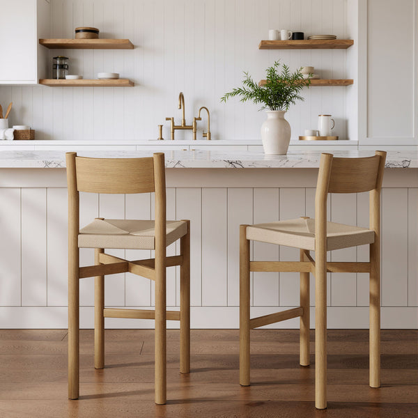 Modway Furniture Alvia Solid Oak Barstools with Woven Paper Rope Seats Mid-Century Kitchen Set Brown EEI-7544-WOA