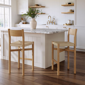 Modway Furniture Alvia Solid Oak Barstools with Woven Paper Rope Seats Mid-Century Kitchen Set Brown EEI-7544-WOA