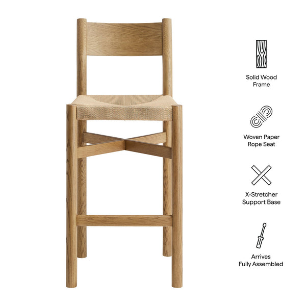 Modway Furniture Alvia Solid Oak Barstools with Woven Paper Rope Seats Mid-Century Kitchen Set Brown EEI-7544-WOA