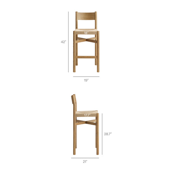 Modway Furniture Alvia Solid Oak Barstools with Woven Paper Rope Seats Mid-Century Kitchen Set Brown EEI-7544-WOA