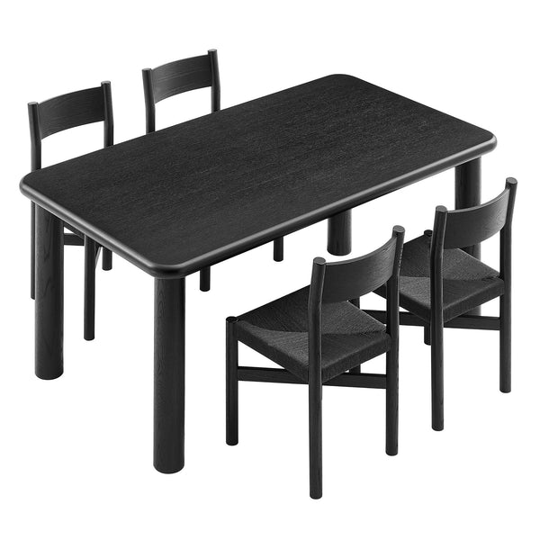 Modway Furniture Alvia Scandinavian Oak Veneer Dining Set with Woven Paper Rope Seats Four Black EEI-7551-BLK