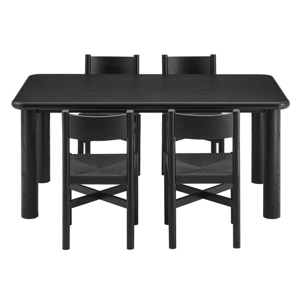 Modway Furniture Alvia Scandinavian Oak Veneer Dining Set with Woven Paper Rope Seats Four Black EEI-7551-BLK