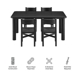 Modway Furniture Alvia Scandinavian Oak Veneer Dining Set with Woven Paper Rope Seats Four Black EEI-7551-BLK