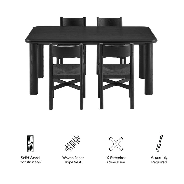 Modway Furniture Alvia Scandinavian Oak Veneer Dining Set with Woven Paper Rope Seats Four Black EEI-7551-BLK