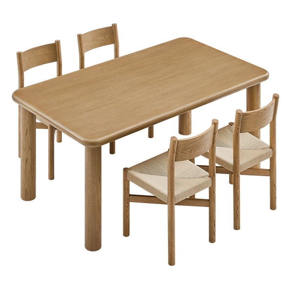 Modway Furniture Alvia Scandinavian Oak Veneer Dining Set with Woven Paper Rope Seats Four Brown EEI-7551-WOA