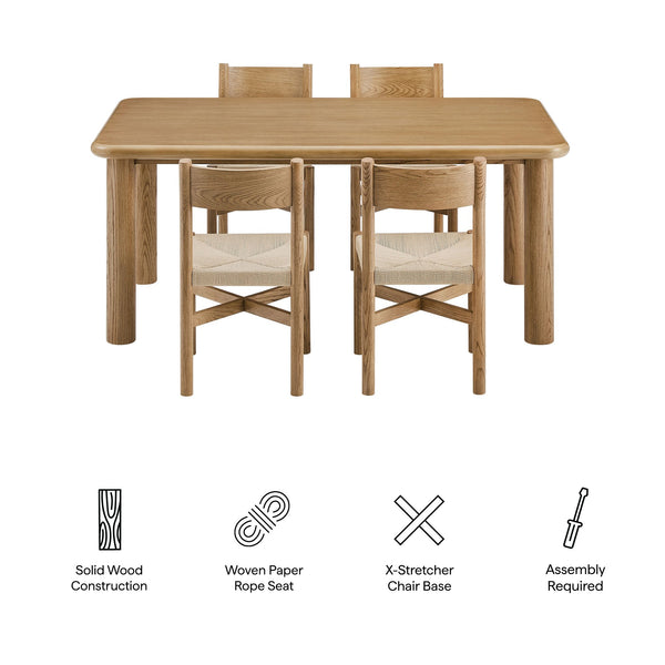 Modway Furniture Alvia Scandinavian Oak Veneer Dining Set with Woven Paper Rope Seats Four Brown EEI-7551-WOA
