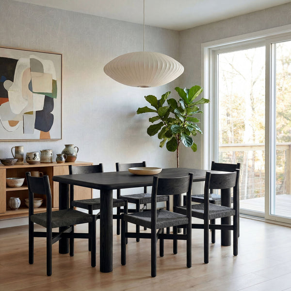 Modway Furniture Alvia Scandinavian Oak Dining Set Seats Six with Woven Paper Rope Chairs Black EEI-7552-BLK