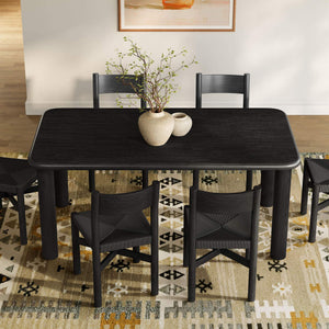 Modway Furniture Alvia Scandinavian Oak Dining Set Seats Six with Woven Paper Rope Chairs Black EEI-7552-BLK