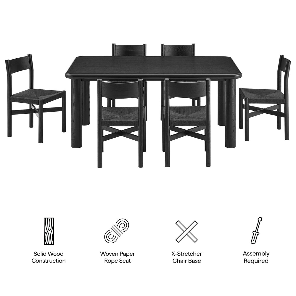 Modway Furniture Alvia Scandinavian Oak Dining Set Seats Six with Woven Paper Rope Chairs Black EEI-7552-BLK