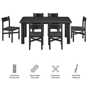 Modway Furniture Alvia Scandinavian Oak Dining Set Seats Six with Woven Paper Rope Chairs Black EEI-7552-BLK