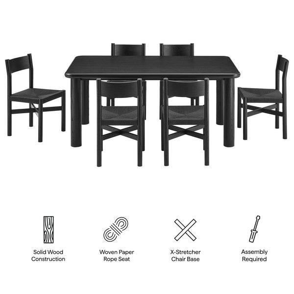 Modway Furniture Alvia Scandinavian Oak Dining Set Seats Six with Woven Paper Rope Chairs Black EEI-7552-BLK