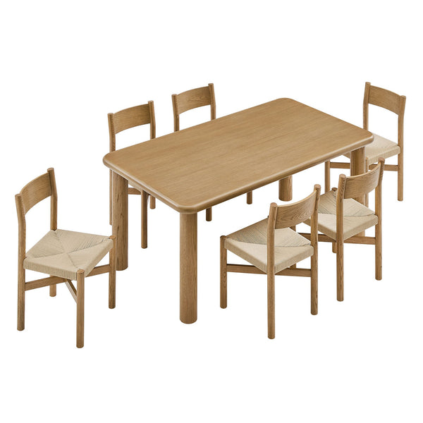 Modway Furniture Alvia Scandinavian Oak Dining Set Seats Six with Woven Paper Rope Chairs Brown EEI-7552-WOA