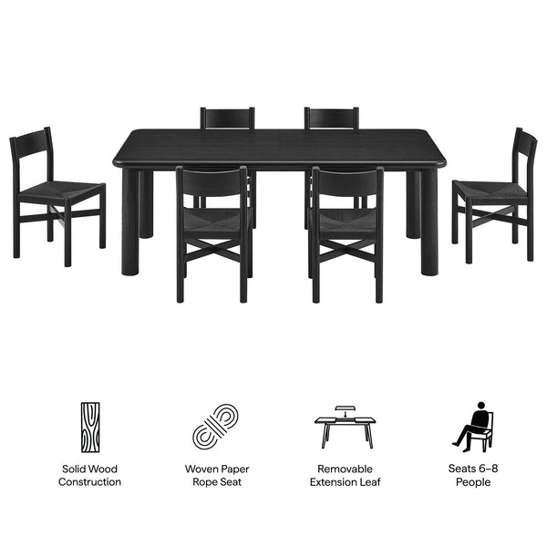 Modway Furniture Alvia Scandinavian Oak Extendable Dining Set with Woven Paper Rope Chairs Seats Eight Black EEI-7554-BLK