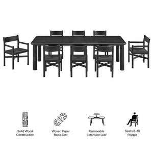 Modway Furniture Alvia Scandinavian Oak Extendable Dining Set with Woven Rope Chairs Seats Ten Black EEI-7555-BLK