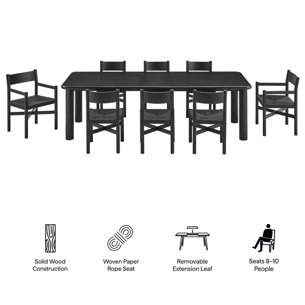 Modway Furniture Alvia Scandinavian Oak Extendable Dining Set with Woven Rope Chairs Seats Ten Black EEI-7555-BLK