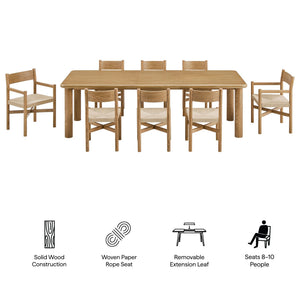 Modway Furniture Alvia Scandinavian Oak Extendable Dining Set with Woven Rope Chairs Seats Ten Brown EEI-7555-WOA